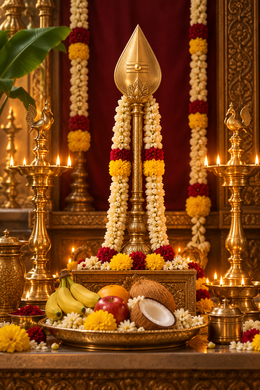 A devotional illustration of Lord Murugan’s sacred Vel with glowing brass lamps, flowers and pooja offerings