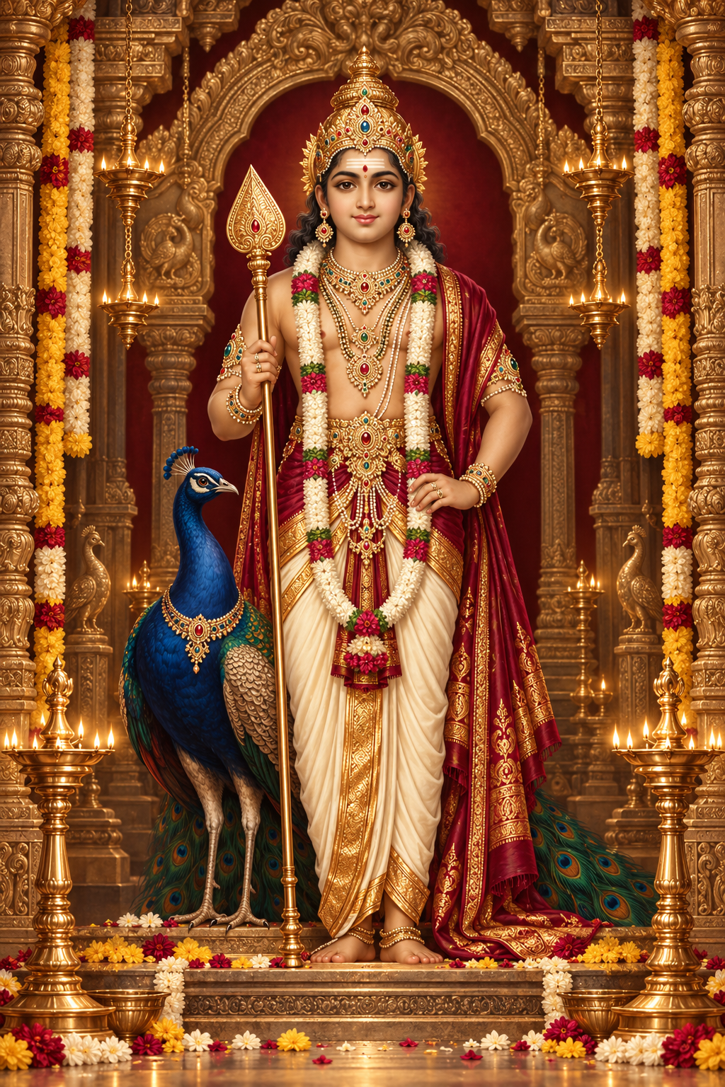 Lord Murugan with his Vel and peacock in a lamp-lit temple for Kantha Sashti