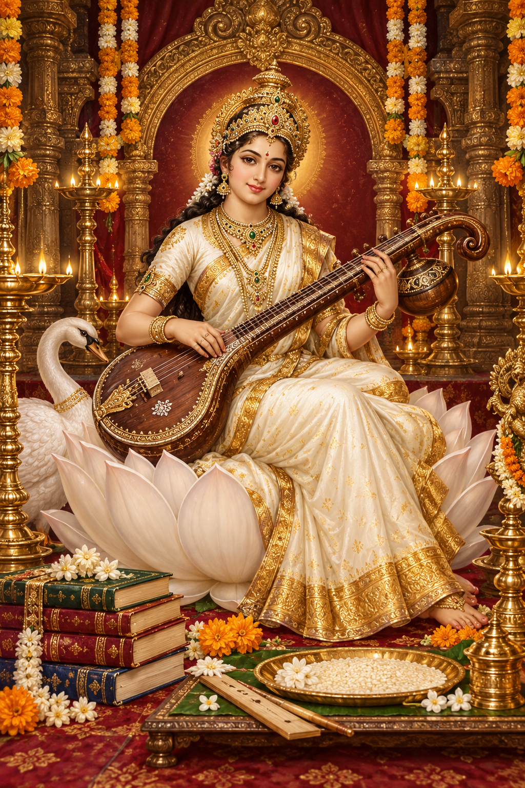 Goddess Saraswati with veena, lamps and offerings for Navarathiri and Vijayadashami
