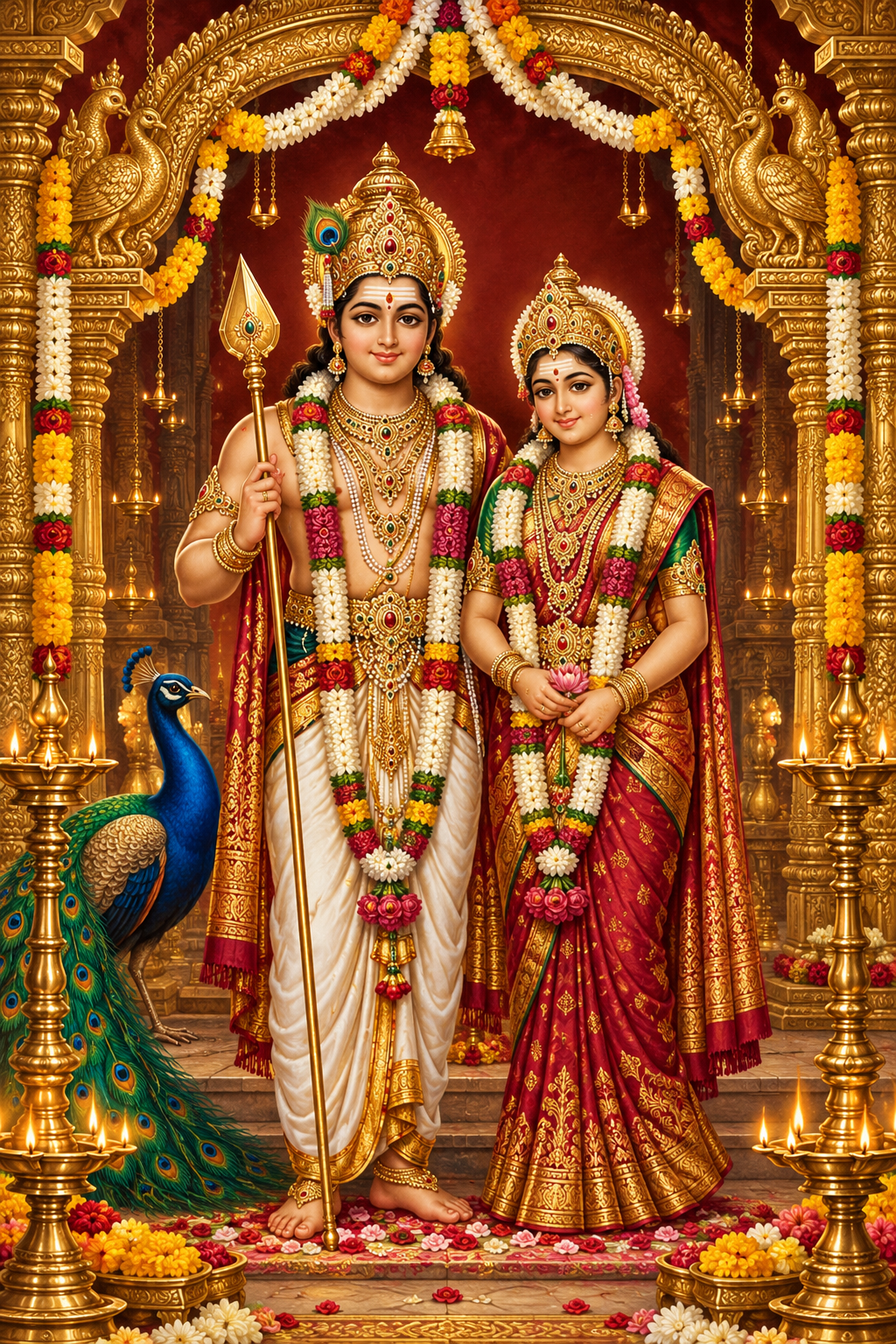 Lord Murugan and Goddess Deivanai beneath a floral temple arch for Thirukalyanam